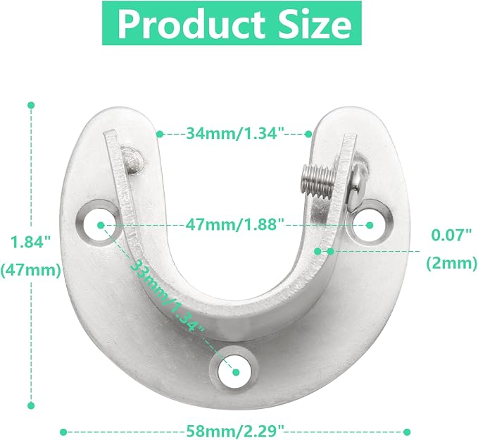 Stainless Steel Closet Rod End Supports, 1-1/3 Inch, Silver | 2 Packs, Wardrobe Bracket, Heavy Duty, U-Shaped with Screws