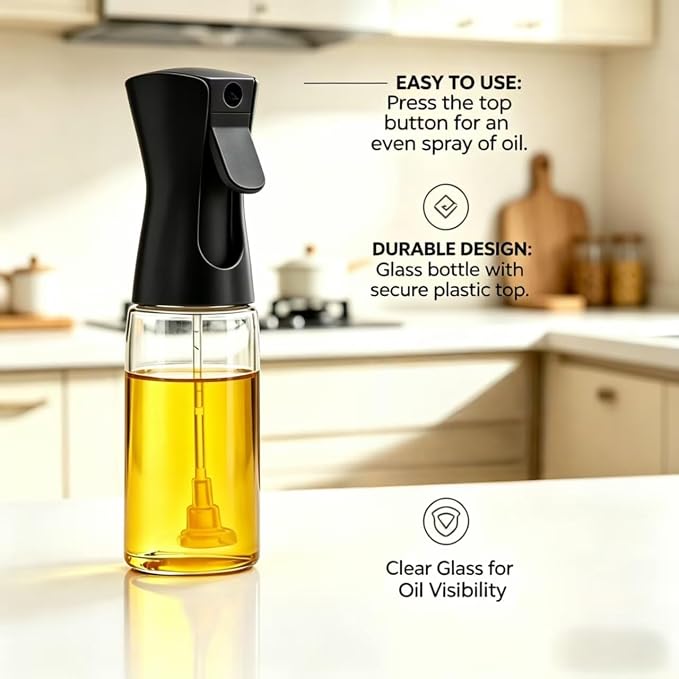 Olive Oil Sprayer for Cooking, 220ml Glass Oil Dispenser for Kitchen Gadgets, Food Grade Premium Clear Spray Bottle for Salad, Frying, BBQ
