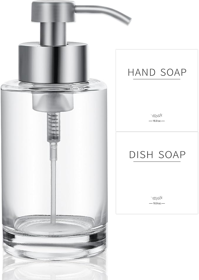 Glass Foaming Soap Dispenser Set with 304 Stainless Steel Pump 12oz Clear | Rust Proof Silver Pump, Sturdy, Empty Foam Bottle with Waterproof Labels for Bathroom Decor Kitchen Colleage Dorm