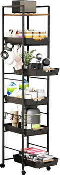 6-Tier Slim Rolling Storage Cart with Wheels, Metal Organizer Tall Rolling Cart, Wood Top Narrow Mobile Utility Cart with Pull-Out Baskets for Kitchen, Bathroom, Laundry Room, 13in(W) Black