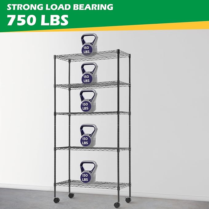 PayLessHere | 5-Tier Wire Shelf with Wheels | 14"x30"x60" | Black | Adjustable Racks | Heavy-Duty Storage Shelves, Holds Upto 220 lbs | Rust-Resistant, No-Tool Assembly | for Home, Garage Shelving