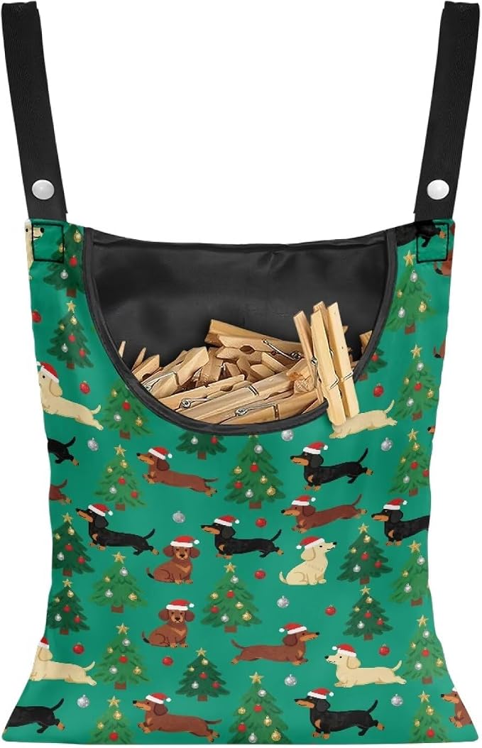 Dachshund Clothespin Pouch Clothespin Bag with Hanging Hook Christmas Tree Waterproof Clothes Pin Hanging Bag Space-Saving Clothespins Storage Organizer Clothesline for Outdoor