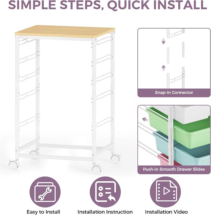 SYKIARIOL 5-Tier Rolling Utility Storage Drawer Craft Cart on Wheels with Wooden Tabletop, Mobile Craft Storage Drawer Cart Trolley for Home Office, Classroom, Craft Room & Kid Room, Ice Cream