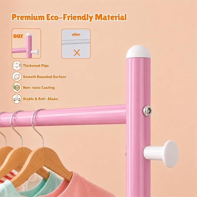 Kids Clothing Rack with Double Rod, Storage Basket & Hooks, Height Adjustable Kids Clothes Rack, Portable Baby Dress Up Garment Rack for Princess Dresses, Pink