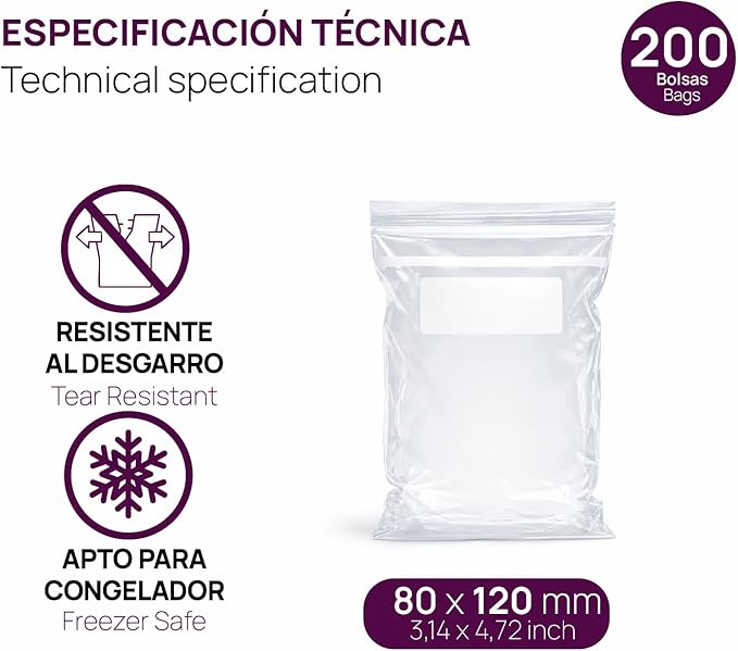 Ofituria Transparent Zip Bags 80 x 120 mm with Airtight Seal, Zip Bags for Food, Snacks, Freezing as well as Kitchen and Travel Organisation - Ofituria (200 Bags)