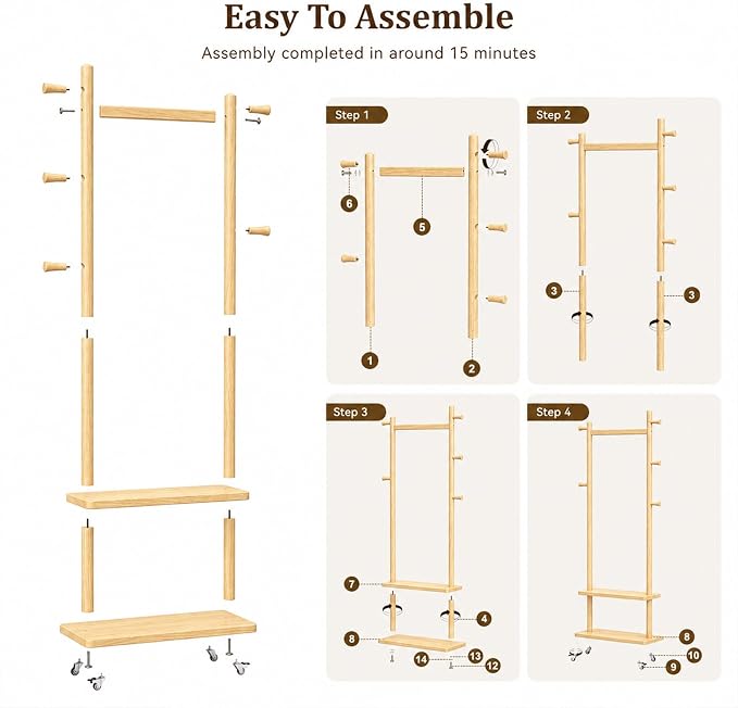Taitiy Coat Rack Freestanding Clothing Rack with Wheels & 2 Shelves Storage & 5 Hooks Heavy Duty Clothes Rack Wood Coat Tree Stand Hat Hanger Rack for Corner Bedroom Entryway Living Room Hotel Size L