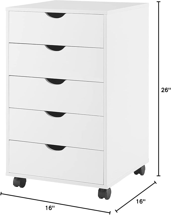 Naomi Home 5-Drawer Rolling Chest, White, Smart Storage with Metal Slide Glides & Smooth Wheels, Compact Space-Saver, Easy Assembly, Durable Engineered Wood