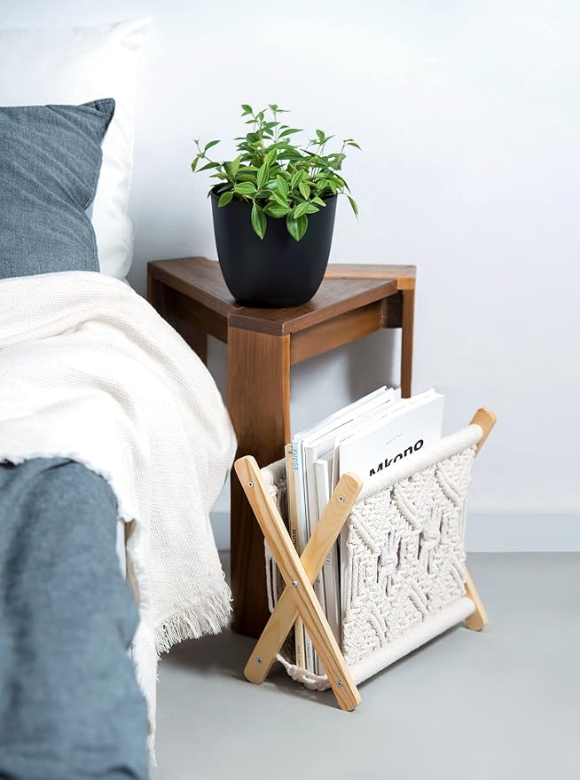 Mkono Macrame Magazine Holder, Boho Woven Book Rack Basket, 11.2"L x 7.5"W | Boho Decor, Mail Paper Vinyl Storage, Living Room Bedroom Bathroom Nursery Dorm Office, Handwoven,Space-Saving, Ivory