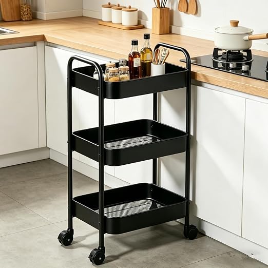 Multifunctional Rolling Utility Cart, 3-Tier Wheeled Storage Organizer with Brakes, Portable Shelving Unit for Home & Office Black