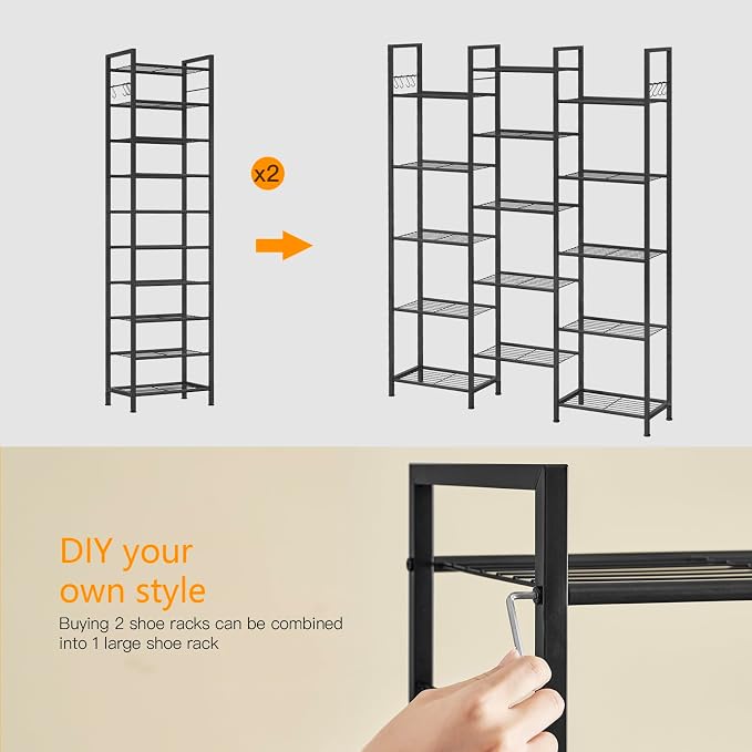 usikey 10 Tiers Narrow Shoe Rack 20-30 Pairs, Sturdy Metal Tall Shoe Rack Shelf with 4 Hooks, Slim Shoe Storage with Metal Shelf, Space Saving Vertical Shoe Organizer for Closet Entryway, Black