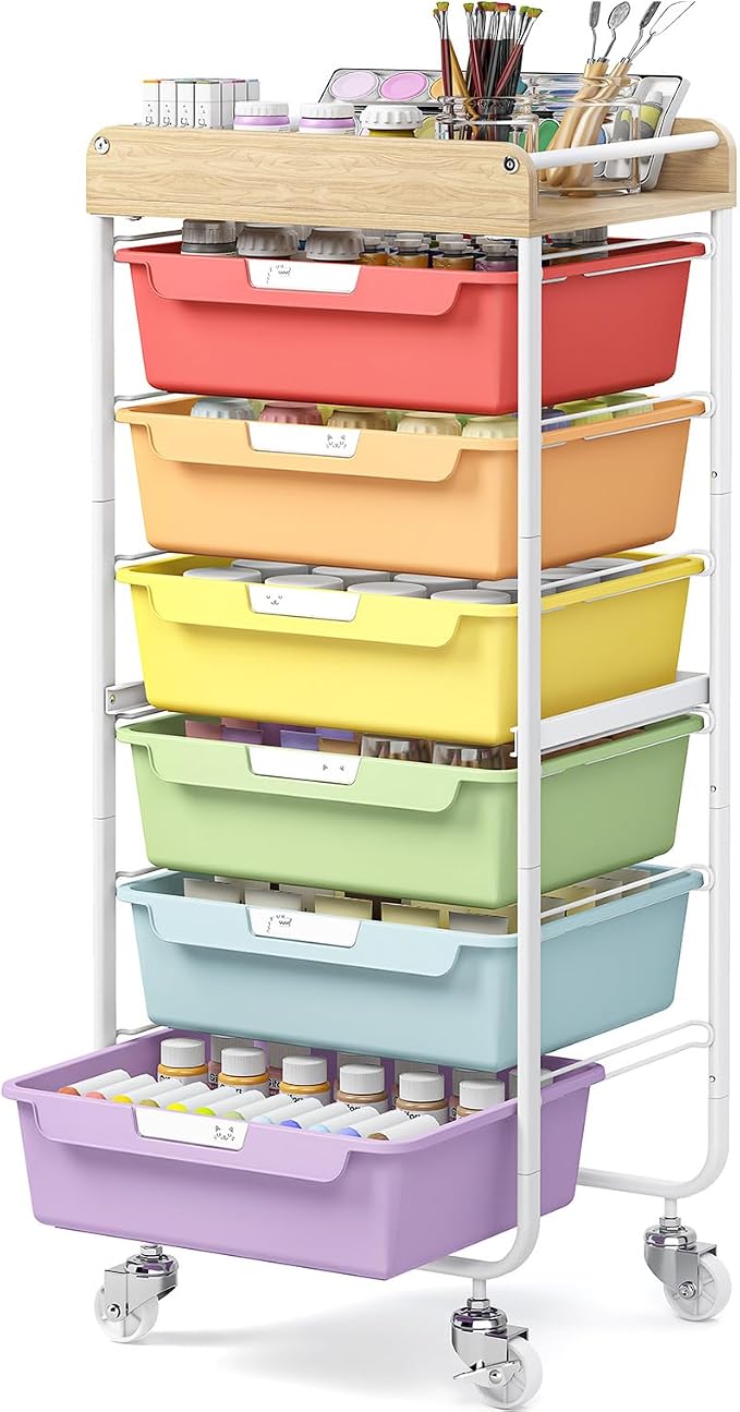 SYKIARIOL Rolling Cart with 6 Drawers, Utility Storage Cart with Labeling Jelly Bean Color Drawer for Classroom, Kids Room, Dorm, School, Storage Study Arts Craft Sewing Supplies Organizers