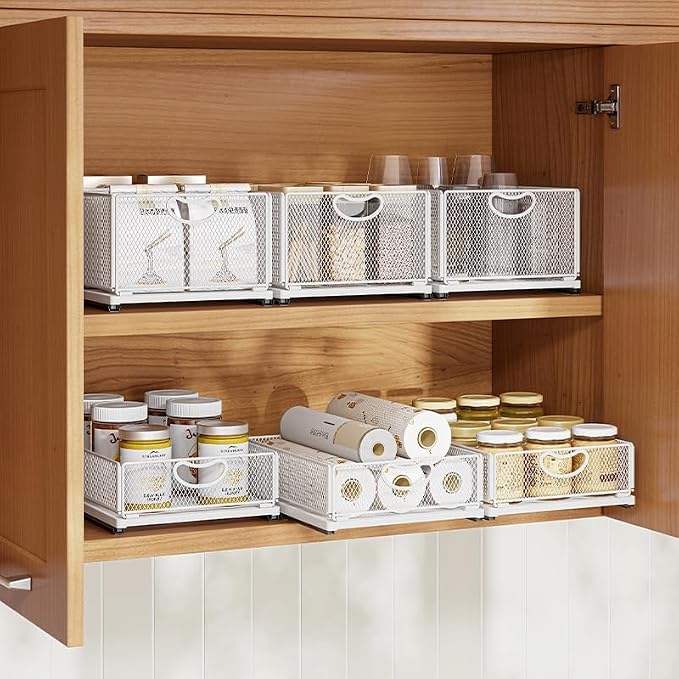 Pull out Cabinet Organizer Fixed with Adhesive Nano Film Heavy Duty Slide out Pantry Shelves Drawer Storage under sink organizer Sliding Mesh Cabinet Basket with Handle for Kitchen (Extended Small)