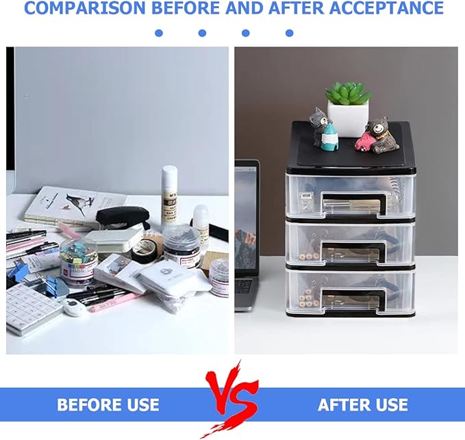 3 Tier Plastic Drawer Organizer Storage Box for Desk, Cosmetics, Jewelry, Office Supplies, Home Organization (8.46" x 5.9" x 7.48")