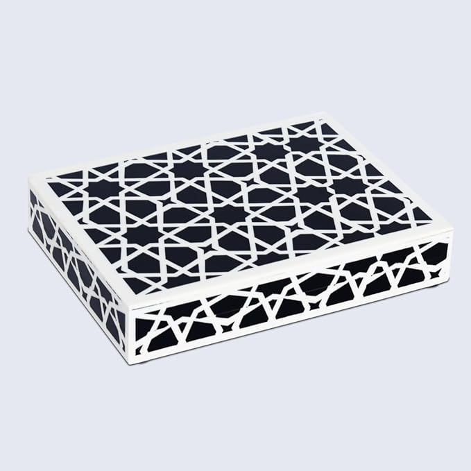 Handicrafts Home Decorative Storage Box with Lid, Black and White Moroccan Zellij Decorative Remote Control Box, Slim Coffee Table Storage Box for Shelf, Desk & Living Room Decor, Zellij 8 x 6 x 1.5