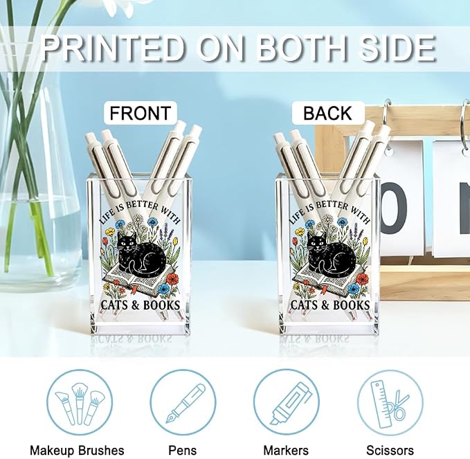 Life Is Better With Cats & Books Acrylic Pencil Holder Cup, Funny Floral Cat Books Desk Organizer for Book Lover Bookish Bookworm Reader, Pet Lover Gifts for Mom Sister BFF, Pencil Cup for Desk