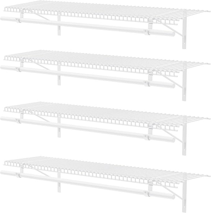Supforce 4-Pack Wire Closet Shelving with Triangular Brackets & Hanging Rod | Reinforced Triangular Bracket, Hanging Rod Included, Built-in Rod Holders, 150 lb Capacity, Wall Mounted, 4ft x 12in, 4-Pack