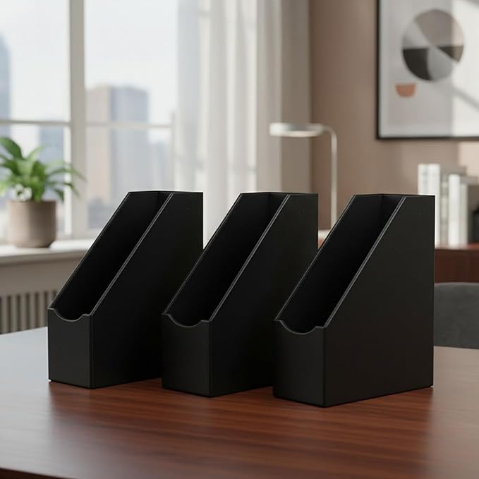 UnionBasic Magazine File Holder, Leatherette Desktop Document Organizer, Home Office Paper Holder File Storage Literature Sorter, Black, Set of 4