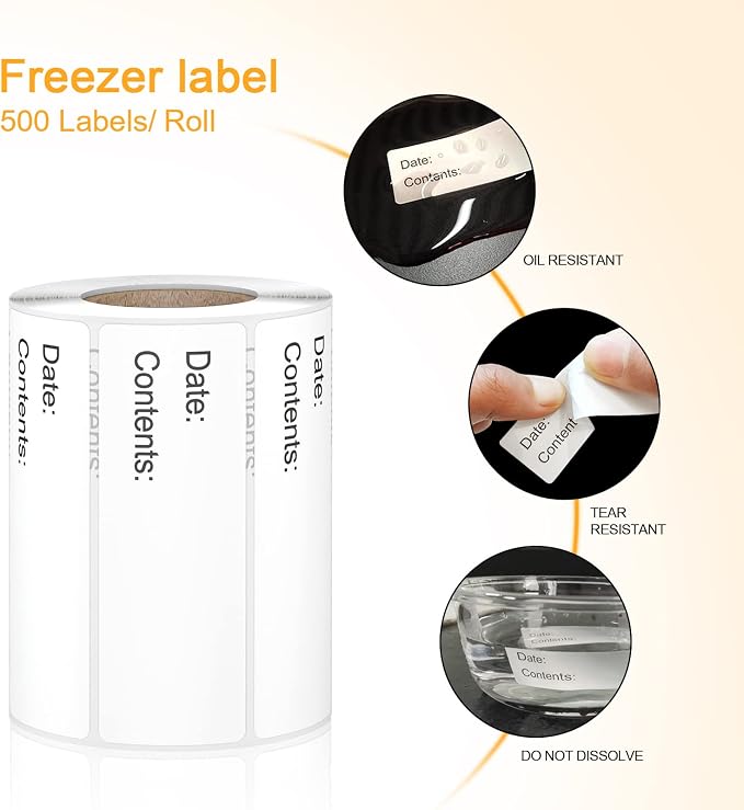 500pcs Food Labels,1 x 3 Inch Freezer Labels Removable for Food Containers, Mason Jar, Water/Oil/Tear Resistant,No Residue Food Storage Labels Perfect for Kitchen