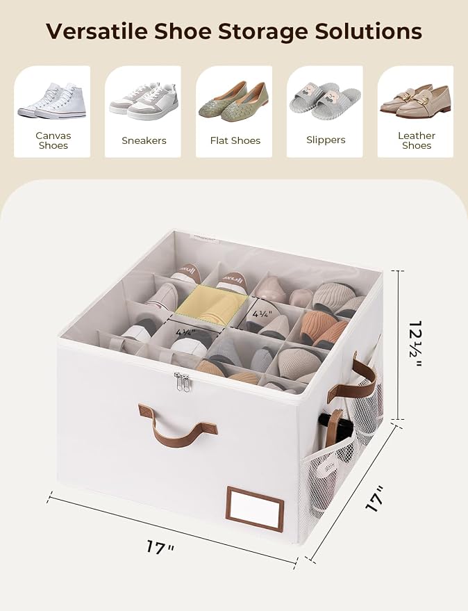 StorageWorks Shoe Storage Organizer for Closet, Up to 16 Pairs, Beige | Fixed Compartments, Clear Lid & Label Window, Side Mesh Pocket for Accessories, Soft Handles, Fits Flats, Sandals & Low-Tops