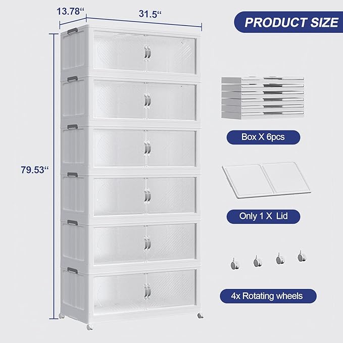 240Gal/960QT 6-Tiers Extra Large Stackable Storage Bins with Lid, Collapsible Cabinet Closet Organizer Plastic Container Box with Wheels Doors Drawers for Living Room Kitchen Office, White