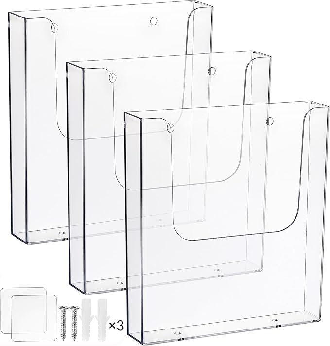 3 Pack Acrylic Brochure Holder, 8.5 x 11 Inch Brochure Holder Wall Mount, Clear Literature Organizer Pamphlet Flyer Display Plastic Magazine Holders for Wall