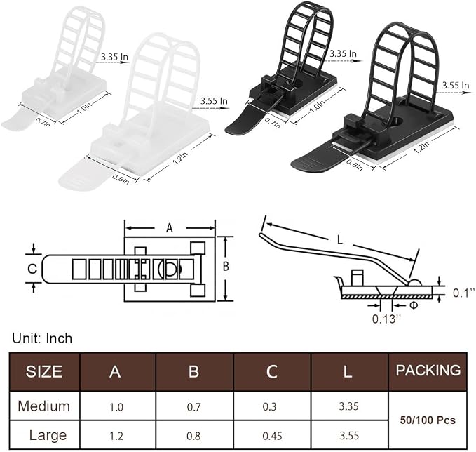 50Pcs Adhesive Cable Management Clips with 50Pcs Zip Ties, Adjustable Nylon Cable Strap Ties Wire Clips Clamps Organizer with Strong Adhesive Tape, Extra Screw & Hole - 3.35 Inch Black