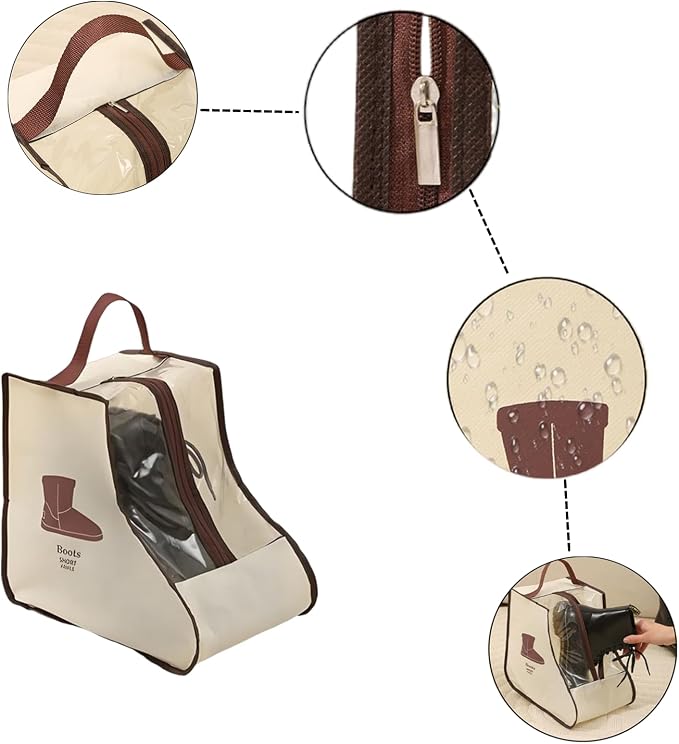 Rikyo 2 Set Beige Shoe Storage,Portable Tall Boots Storage&Protector Bag | Protector Bag,Shoe Dust Bags,Shoe Sleeves for Travel,Clear Window Boots Cover,Shoes Packing Organizers for Adult Sneakers