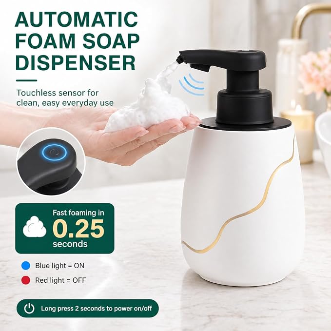BosilunLife Automatic Foaming Soap Dispenser - Touchless Foam Hand Wash Dispenser for Bathroom Ceramic Smart Electric Auto Dish Soap Dispenser Waterproof, USB C Rechargeable, 17 oz/500 ml