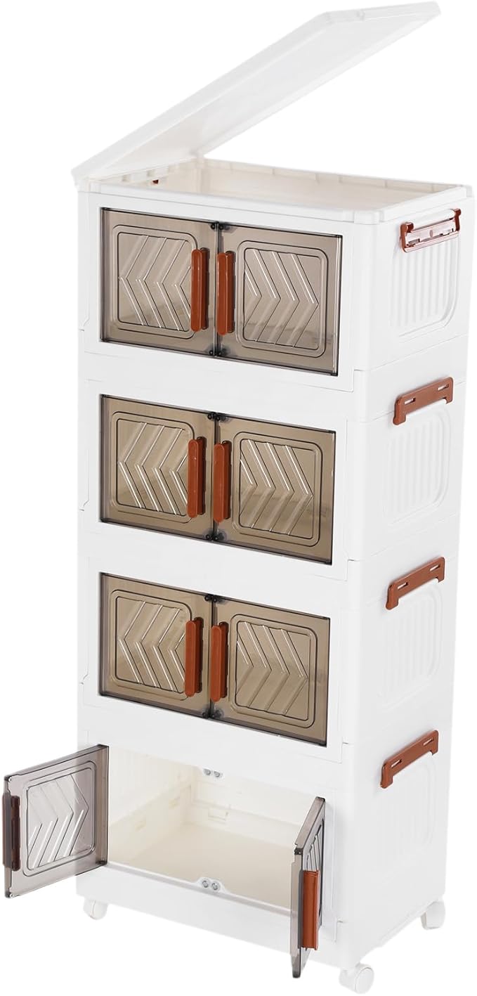 4 Tier Storage Bins with Lids, Stackable Storage Bins with Wheels and Door, Storage Cabinet Organizers for Home Foldable Containers (Transparent Door)