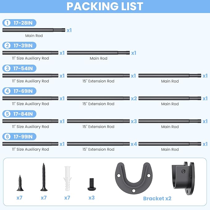 Closet Rods for Hanging Clothes, 17 to 69 Inch Stepless Adjustable Closet Rod, 1.3 Inch Diameter Metal Heavy Duty Closet Hanging Rod for Closet Wardrobes Laundry RV, Black