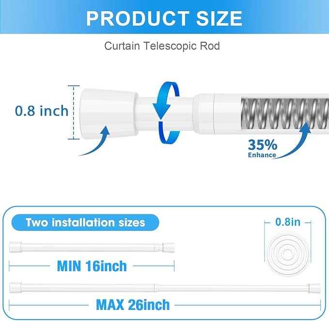 1 Pack Spring Loaded Tension Rod 16-26" Adjustable Curtain Rods No Drill Extendable Spring Rod Tension Curtain Rods For Window Kitchen Shelves Rv Refrigerator And Small Spaces,White