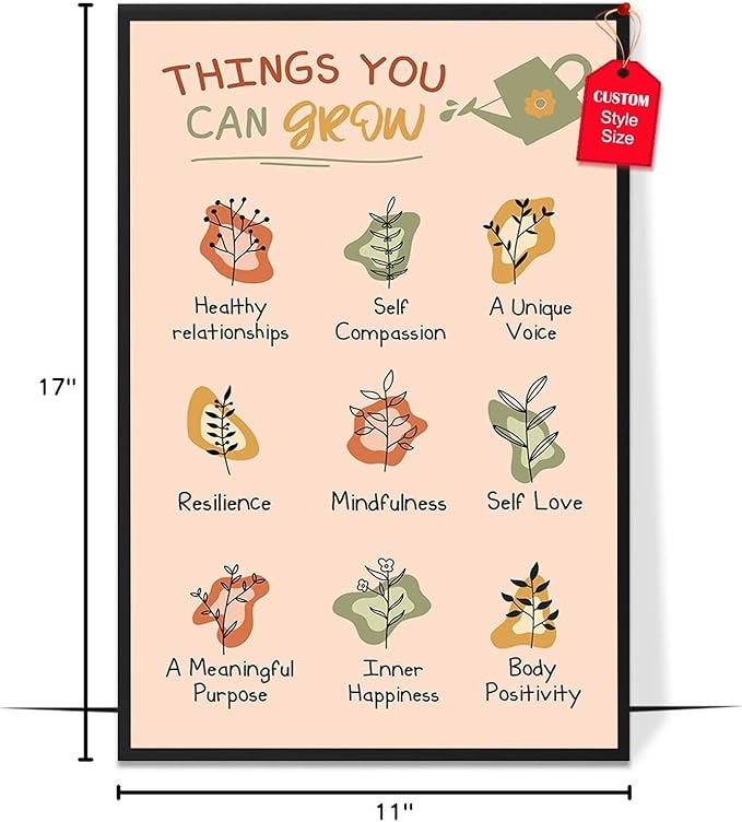 LOLUIS Mental Health Poster, Boho Therapy Tools Educational Supplies Art Print Classroom School Office Decor (Things You Can Grow, Custom Frame Type)