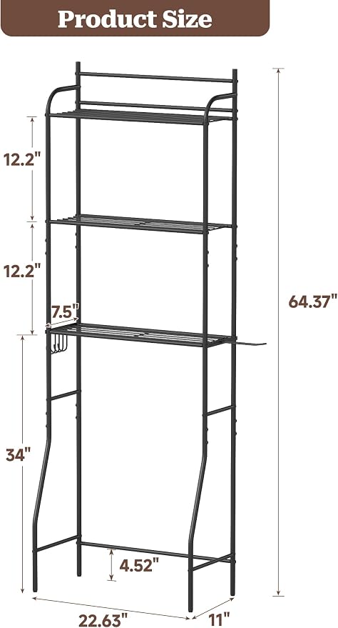 3-Tier Over The Toilet Storage, Bathroom Organizer, Space-Saving, Above Toilet Storage Rack with 4 Hooks and Paper Holder, Metal Shelf, Black