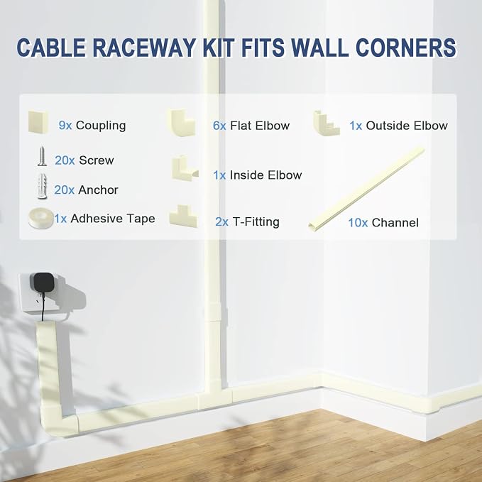 157" Cable Raceway Kit Cord Cover for Wall TV Wire Concealer, Beige | 157" wall cable raceway kit hides TV wires and cords, easy peel-and-stick installation, no drilling required, beige finish