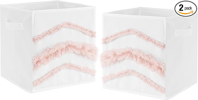 Sweet Jojo Designs Boho Bohemian Foldable Fabric Storage Cube Bins Boxes Organizer Toys Kids Baby Children - Set of 2 - Blush Pink White Farmhouse Shabby Chic Designer Modern Minimalist Tufted