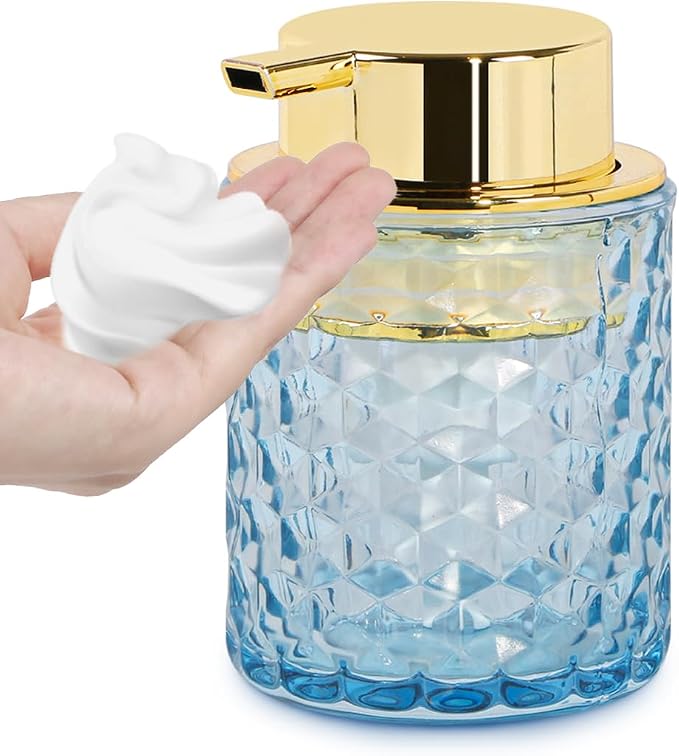 10 Oz Glass Hand Soap Dispenser with Pump, Refillable Bathroom Gold Foaming Soap Dispenser, Vintage Glass Diamond Lotion Container Bottle for Bathroom and Kitchen (1, Blue and Gold)