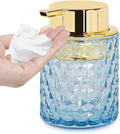 10 Oz Glass Hand Soap Dispenser with Pump, Refillable Bathroom Gold Foaming Soap Dispenser, Vintage Glass Diamond Lotion Container Bottle for Bathroom and Kitchen (1, Blue and Gold)