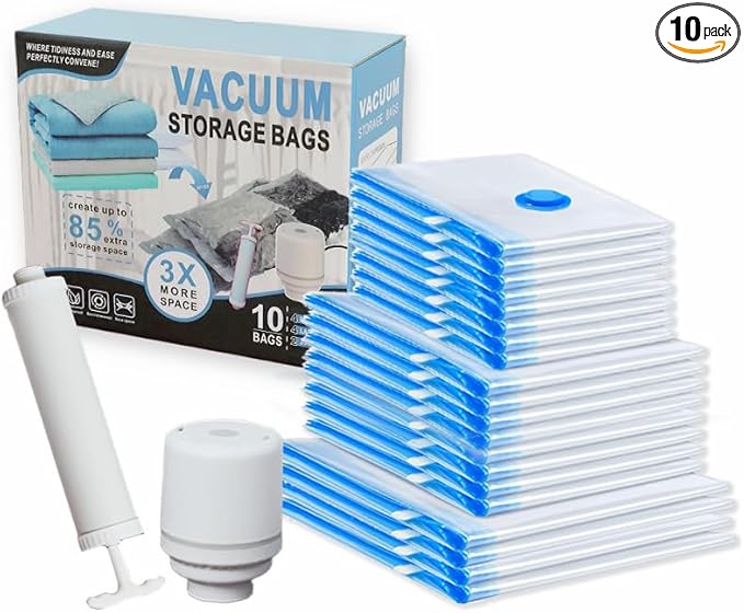 Vacuum Storage Bags, 10 Pack with Electric or Manual Pump, Space Saver Compression Bags for Clothes, Blue and White, Nylon, 4 Medium 4 Large 2 Jumbo, (E & H pump 20 Bags)