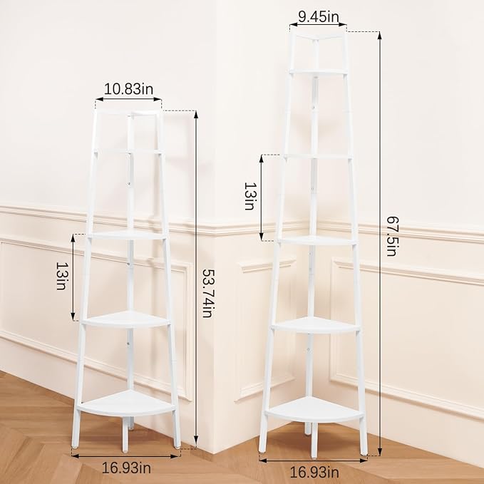Yoobure 5‑Tier Corner Shelf – Sturdy Metal Frame & Wood Ladder Bookshelf, Space‑Saving Display Shelves for Plants & Books, Easy Assembly, for Bedroom, Living Room, Office, Balcony