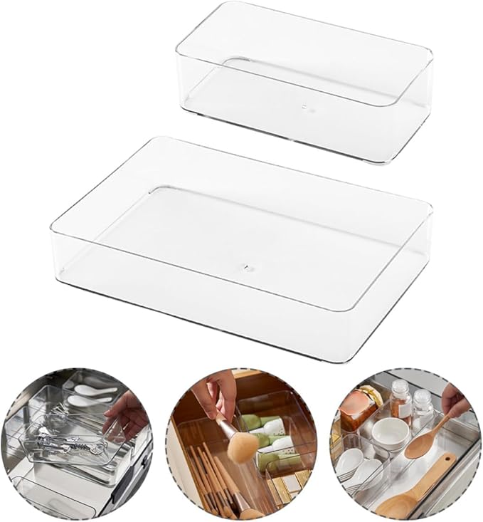 2Pcs Multi-function Household Storage Drawer Organizer Boxes Transparent PP Material Kitchen and Office Multi-compartment Storage Cases for Cosmetics Stationery and Items