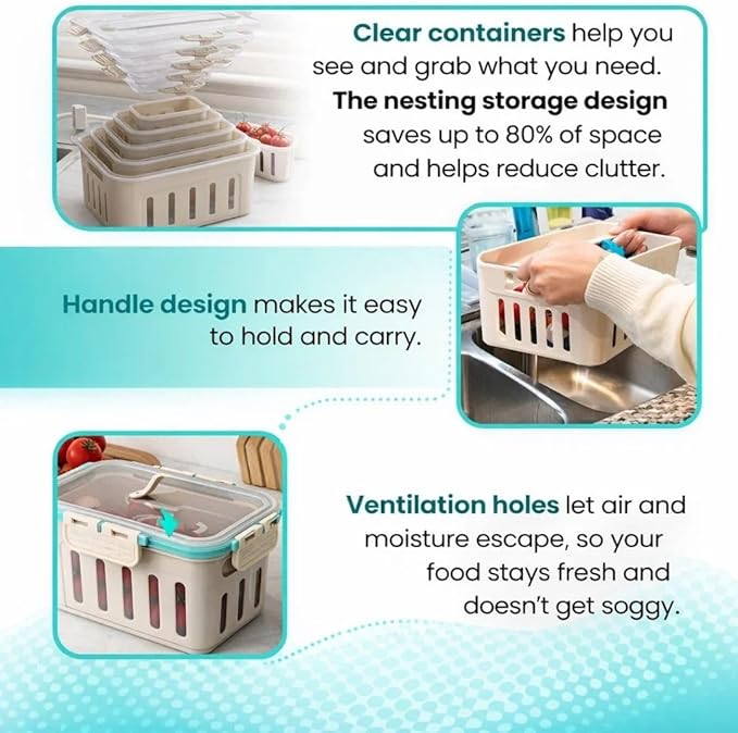 Fruit Containers for Fridge Keep Fresh, 5-Pack Food Storage Containers with Lids, Meal Prep Containers, Fridge Storage with Removable Colander, Microwave & Dishwasher Safe (Cream)