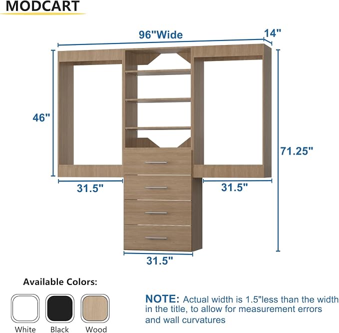 Modular Closet, 66" Wide Organizer With Hanging and Drawers, Wood Tower for Walk-In Closets, Wall-Mounted Wardrobe Organizer