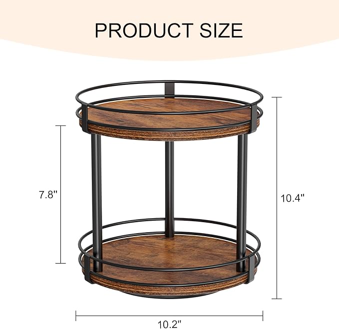 Snughome Rotating Spice Rack, 2 Tier Lazy Susan Organizer, Wood Kitchen Countertop Organizer, Brown Lazy Susan Turntable for Cabinet, 10.2" x 10.2" x 10.4"