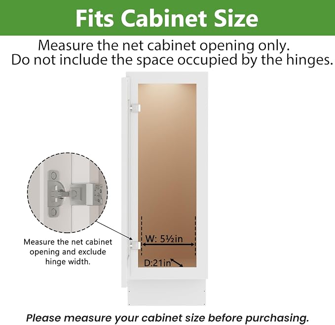 ROOMTEC 3-Tier Pull Out Cabinet Organizer Spice Rack for Narrow Cabinet 5" W x 20½" D, Slide Out Wood Shelves Storage for Kitchen