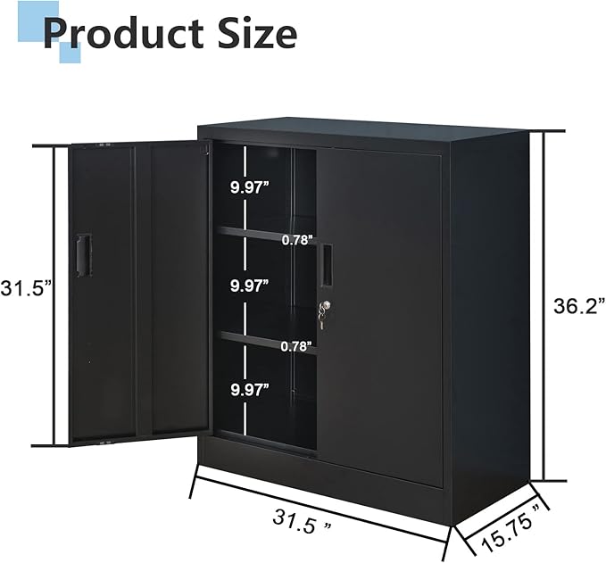 Wanfu Metal Storage Cabinet, 36" H Locking Storage Cabinet with 2 Adjustable Shelves, Metal Cabinets for Garage, Home, Office, Utility Room-Black