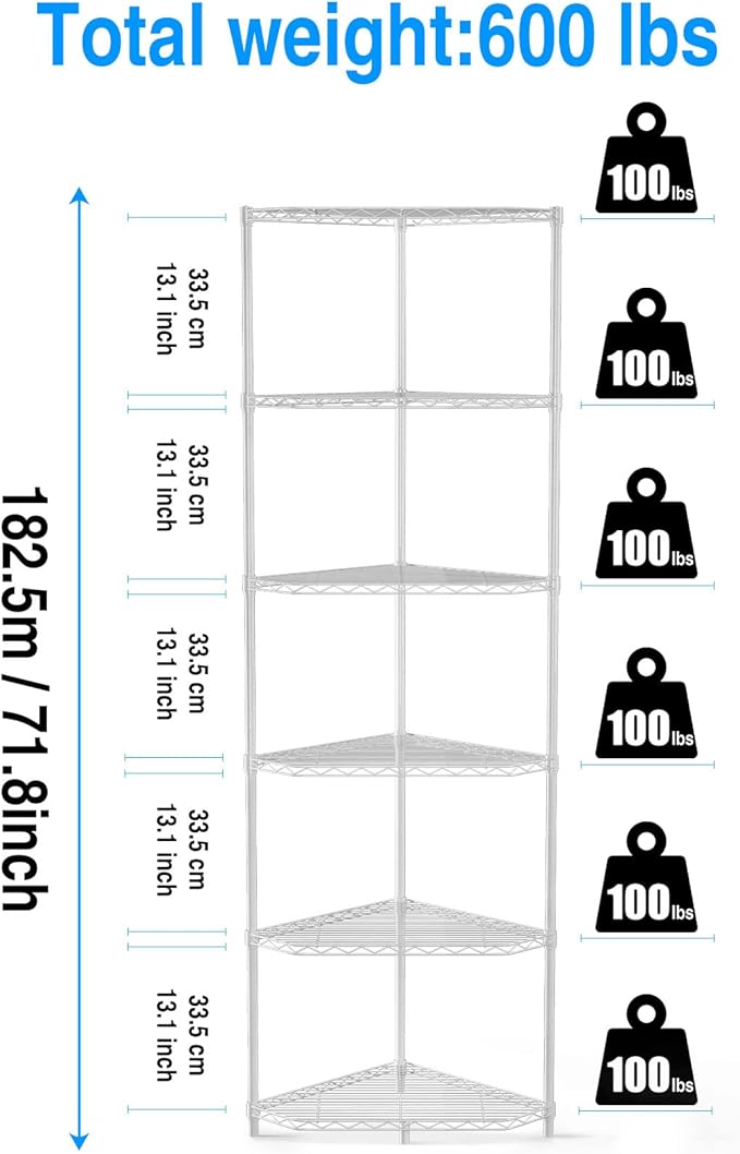 6 Tier NSF Metal Corner Shelf Wire Shelving Unit, 600lbs Capacity Heavy Duty Adjustable Pentagonal Storage Rack with Shelf Liners for Kitchen Garage Office Etc Room Corner, 72"H x 20"L x 20"D - White