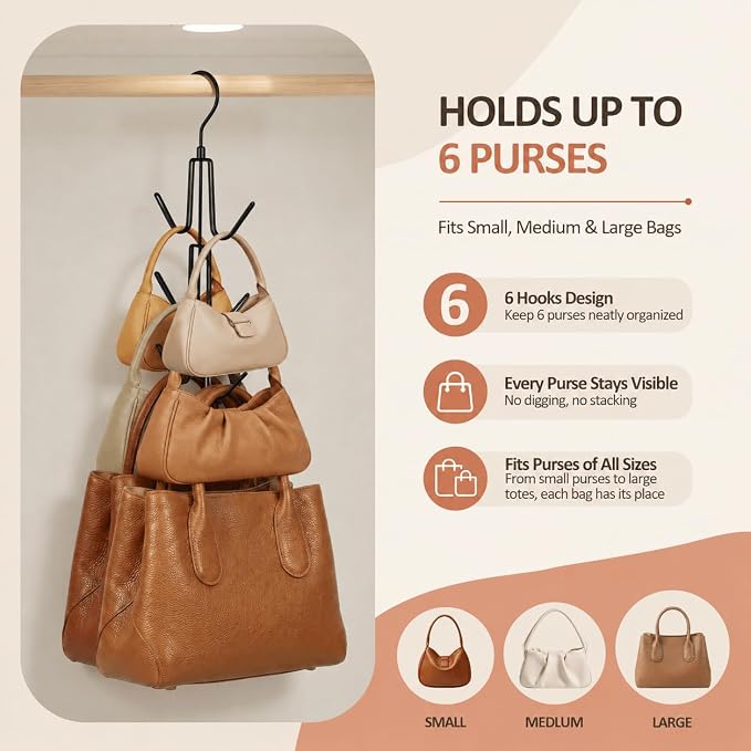 ZEDODIER Purse Organizer for Closet, Heavy-Duty Hanging Purse Hanger Closet Holds Up to 6 Purses, Metal Rotating Space Saving Bag Holder Handbag Storage Hook Backpack Rack, Black