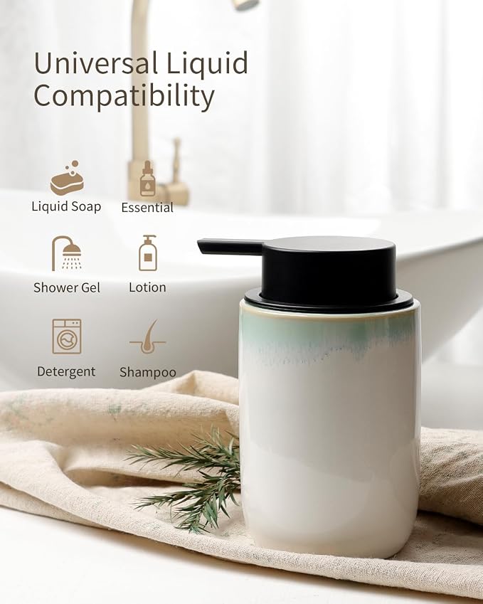 BosilunLife Hand Soap Dispenser for Kitchen, Bathroom Countertop | Foam Soap Dispenser Bathroom Ceramic Dish Liquid Soap Dispenser (White with Blue-Green Rim Liquid Pump)