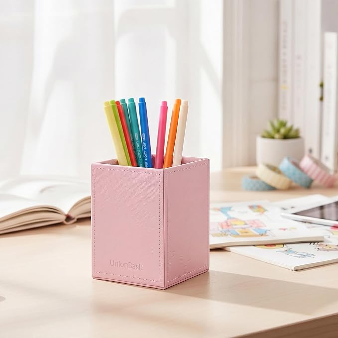UnionBasic Square Pen Holder, Leather Pencil Cup, Desktop Caddy Stationery Organizer, Taiga Pattern Leather, Pink