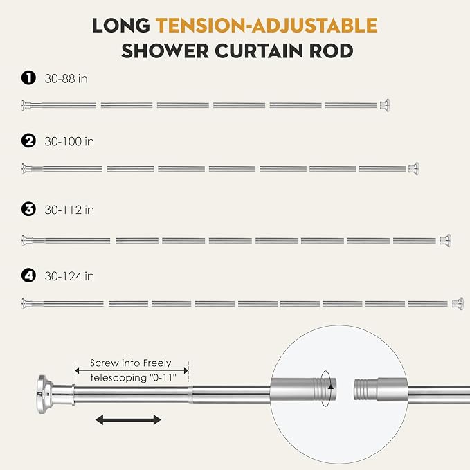Silver Long Curtain RodTension Shower Curtain Rods 30 to 88 inch Adjustable Spring Heavy Duty Rods for Bathroom Windows Outdoor No Drill No Slip Stainless Steel